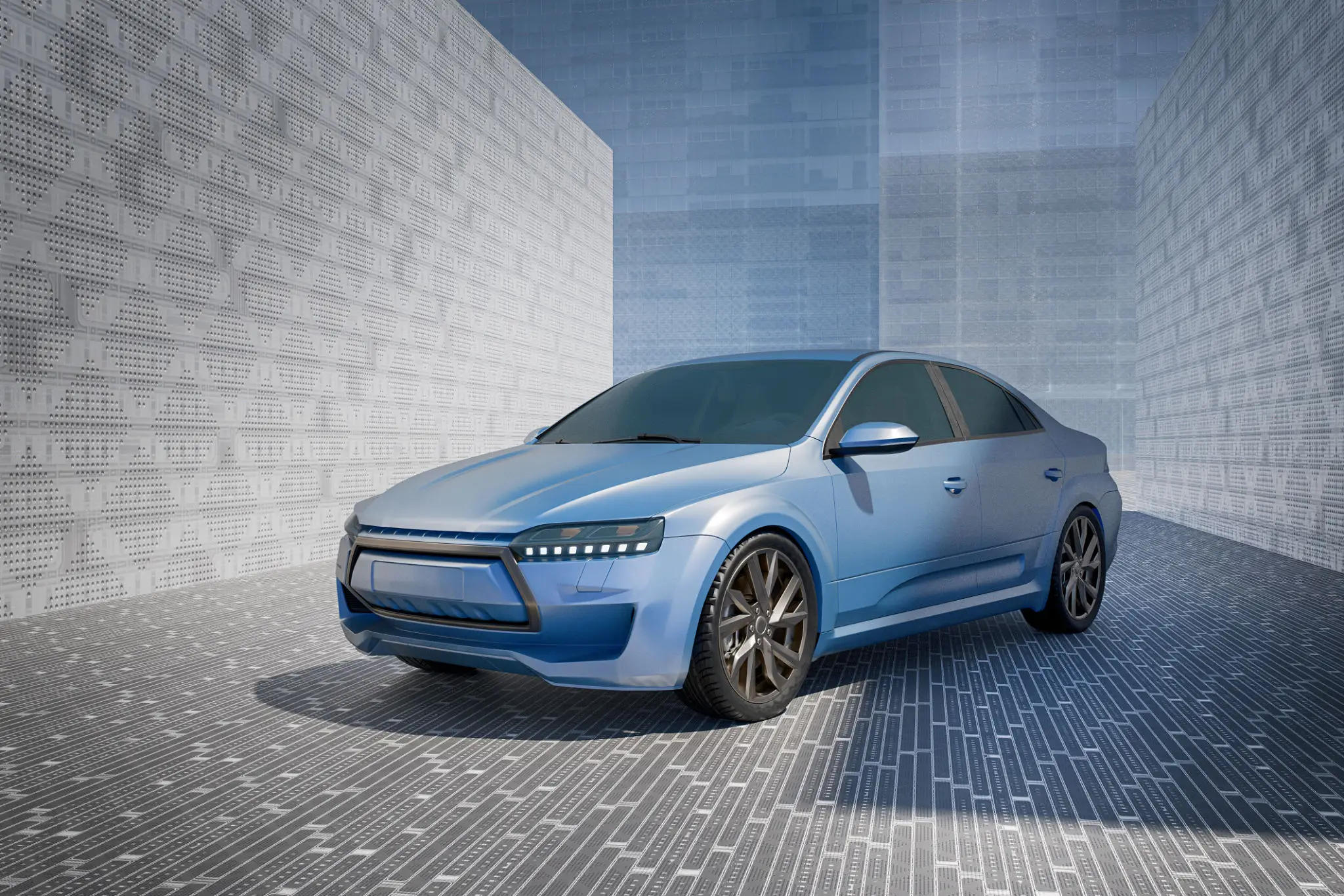 Sleek blue sedan in modern setting